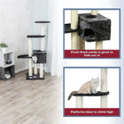 Zigly black and beige cat tree with scratching posts, plush condo, and climbing platforms