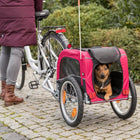 Small dog sitting inside red pet bike trailer attached to white bicycle, cobblestone path, zigly