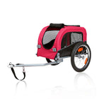 Zigly red pet bike trailer with mesh windows and two large wheels on white background