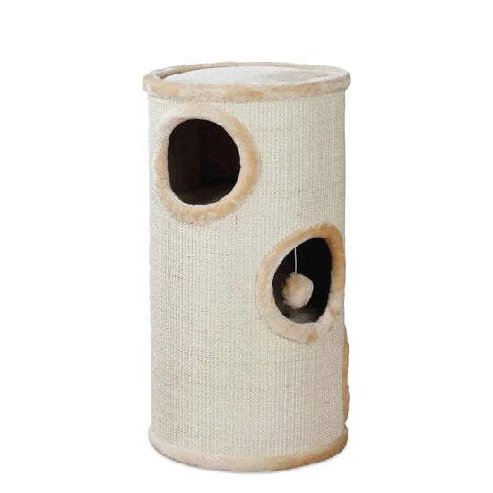 Zigly beige sisal cat tower with two circular openings and hanging ball toy