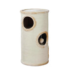 Zigly beige sisal cat tower with two circular openings and hanging ball toy