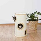 Zigly cat playing in beige sisal scratching tower next to potted green plant on wooden floor