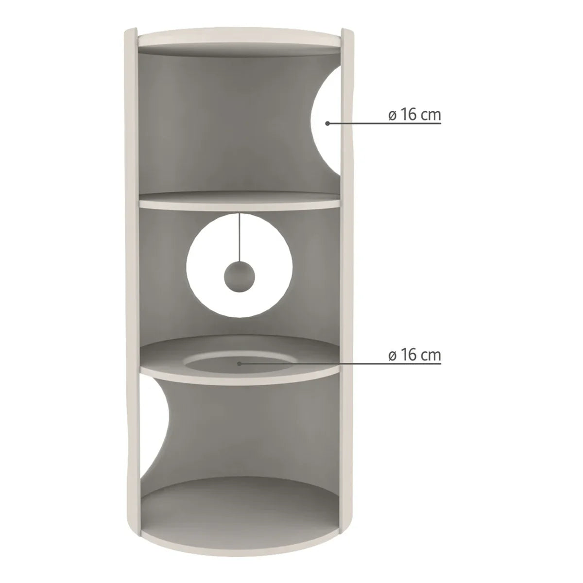Zigly modern cat condo with circular openings and shelves, 16 cm diameter holes