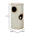 Zigly beige cylindrical cat condo with two circular openings and hanging plush ball, 71cm tall