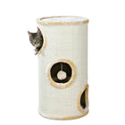 Zigly beige cat tower with scratching post, hideouts, and a kitten peeking out