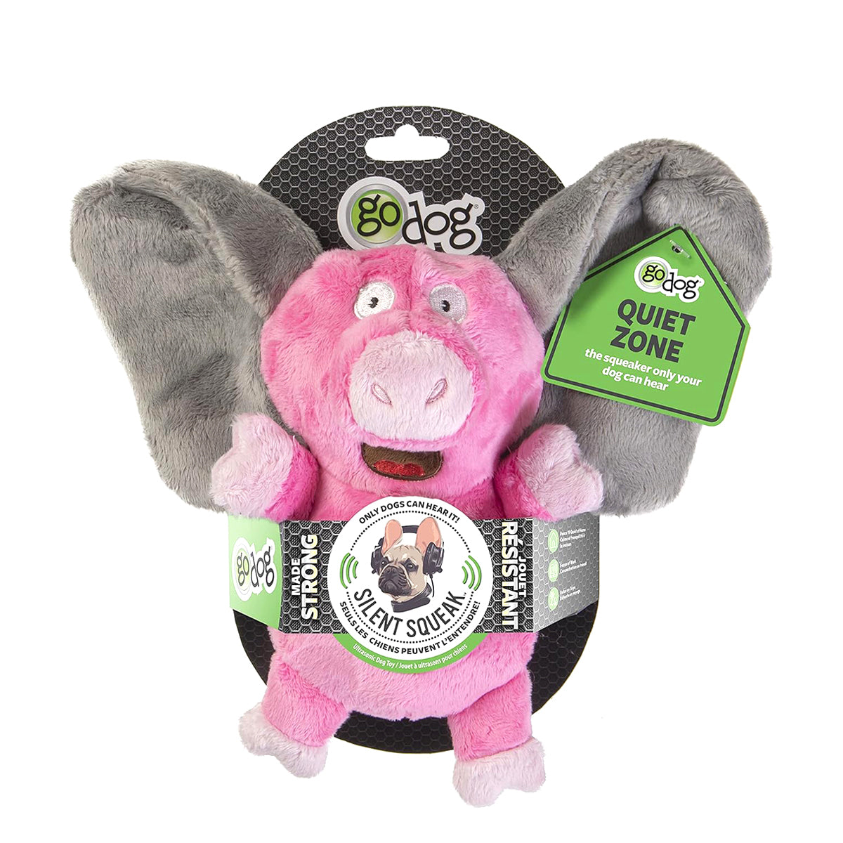 GoDog Silent Squeak Flips Pig Elephant with Chew Guard Technology Durable Plush Dog Toy