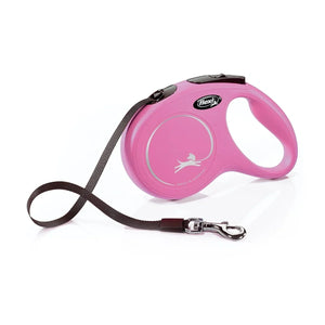 Pink Flexi Classic retractable dog leash with brown tape on a white background, available at zigly