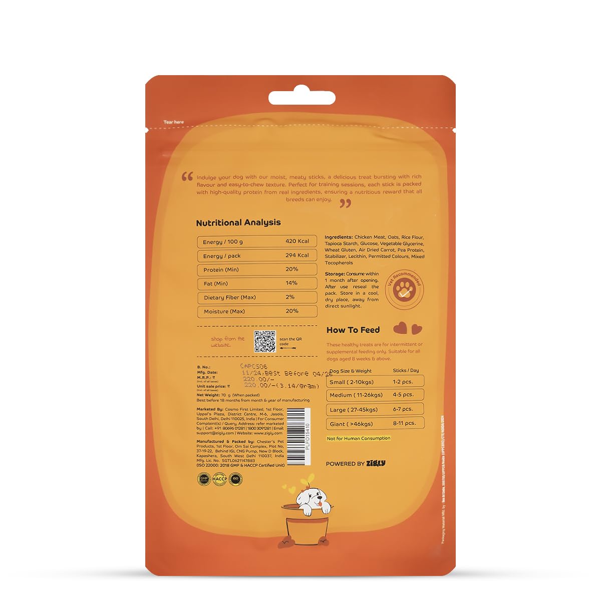 Applod Soft Carrot Chew Sticks Dog Treat  - 70g