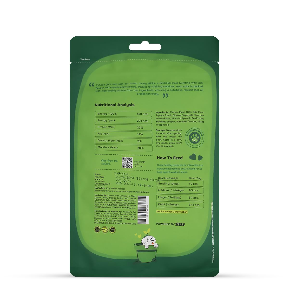 Applod Soft Spinach Chew Sticks Dog Treat - 70g