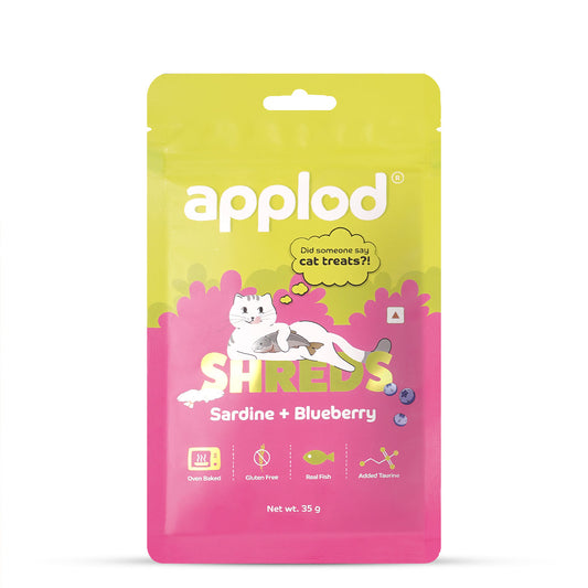 Applod cat treats Sardine and Blueberry flavor packaging with playful cat illustration and zigly branding