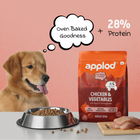 Golden retriever next to Zigly applod chicken and vegetables dog food, metal bowl, and raw chicken.