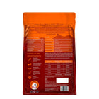 Back of orange Zigly dog food bag with nutritional information and ingredient list visible.