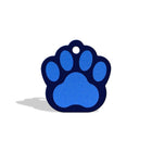 Zigly blue reflective paw print pet tag with hole for collar attachment on white background