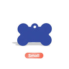 Small blue dog bone-shaped tag with hole for attachment on white background zigly