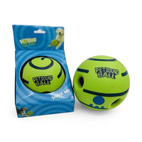 Zigly green PetSound Ball dog toy with black details in blue packaging, pet sound fetch ball
