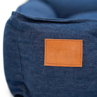 Blue pet bed with Zigly leather tag, cozy denim fabric for dogs or cats