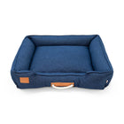 Blue denim dog bed with rope handle and leather tag, Zigly