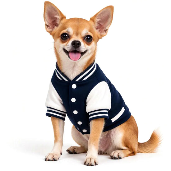 Chihuahua wearing a Zigly Lifestyle navy blue varsity campus pup jacket
