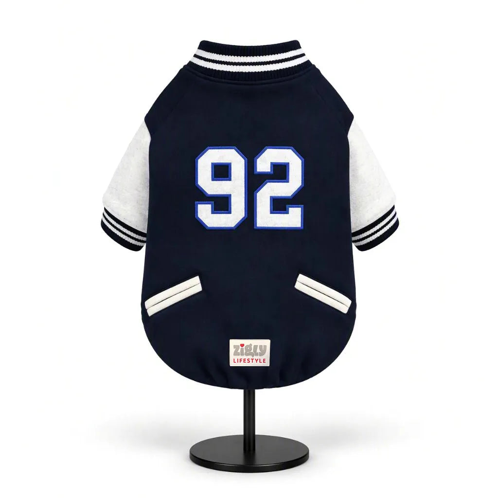 Zigly Lifestyle navy varsity campus pup jacket for dogs featuring white sleeves and number 92