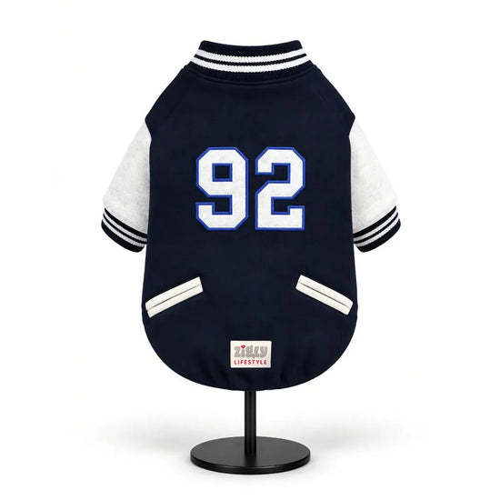 Zigly Lifestyle navy varsity campus pup jacket for dogs featuring white sleeves and number 92