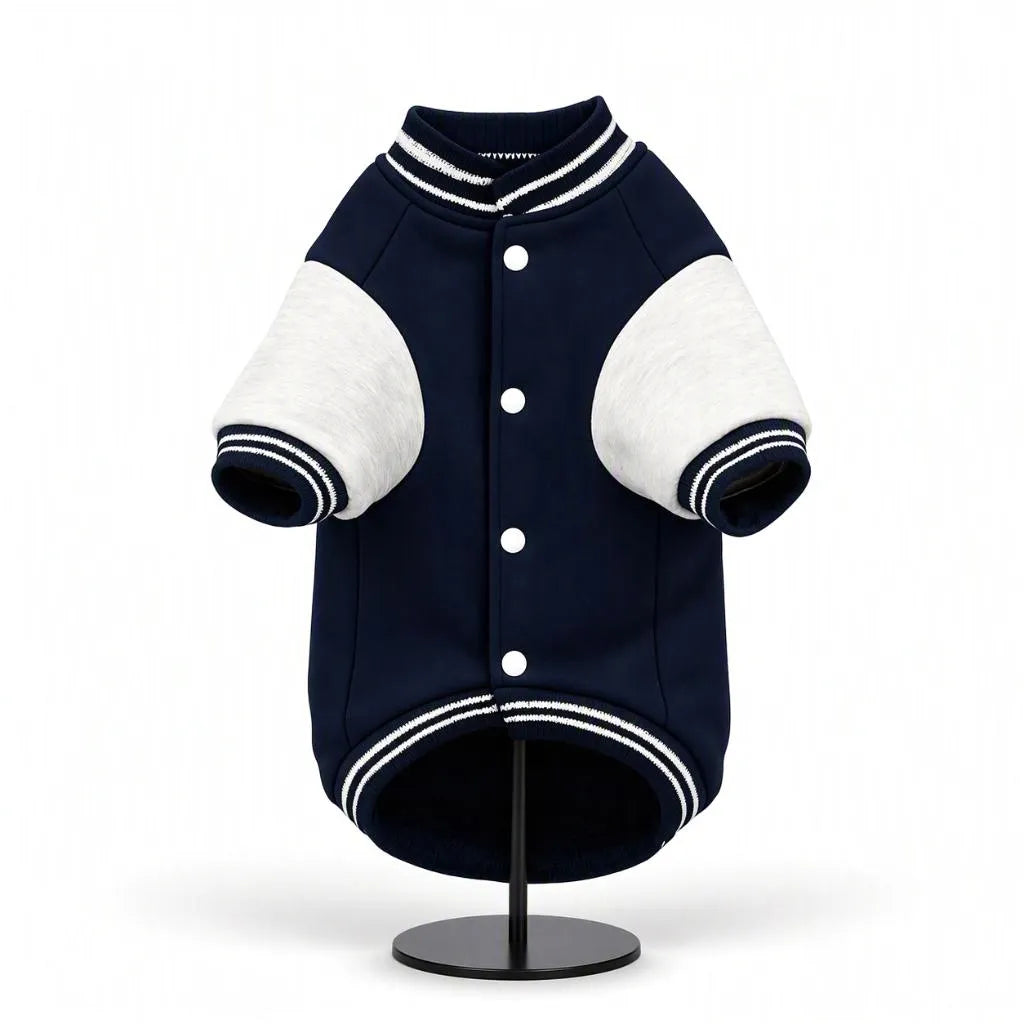 Zigly Lifestyle ZL Varsity Campus Pup Navy Jacket for dogs with white sleeves.