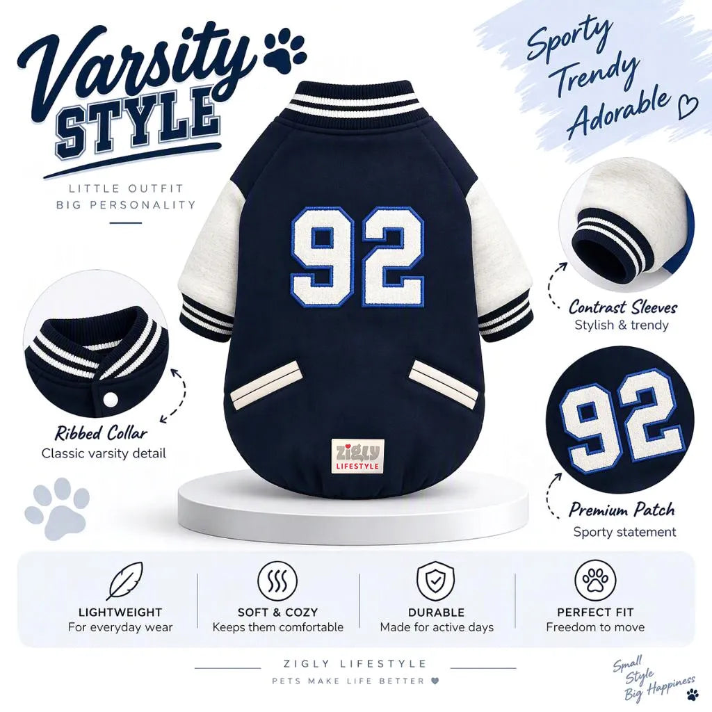 Zigly Lifestyle navy blue varsity campus pup jacket for dogs with white contrast sleeves and 92 patch