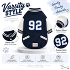 Zigly Lifestyle navy blue varsity campus pup jacket for dogs with white contrast sleeves and 92 patch