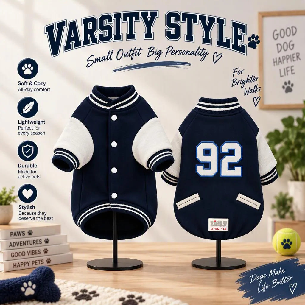Zigly Lifestyle navy blue varsity campus pup jacket for dogs with number 92 on back