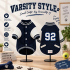 Zigly Lifestyle navy blue varsity campus pup jacket for dogs with number 92 on back