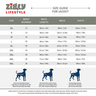 Zigly Lifestyle size guide chart for dog jackets with measurement diagrams