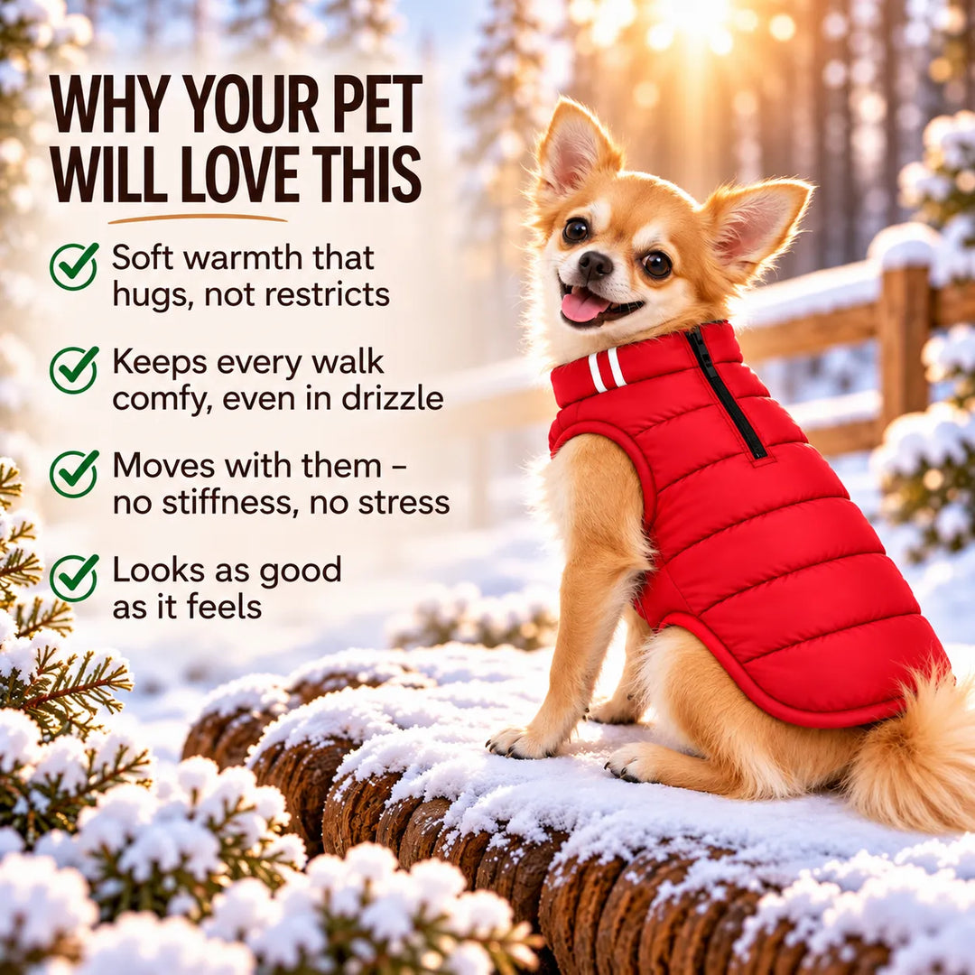 Small dog wearing a red Zigly Lifestyle Cozy Shield dog jacket in a snowy winter setting.