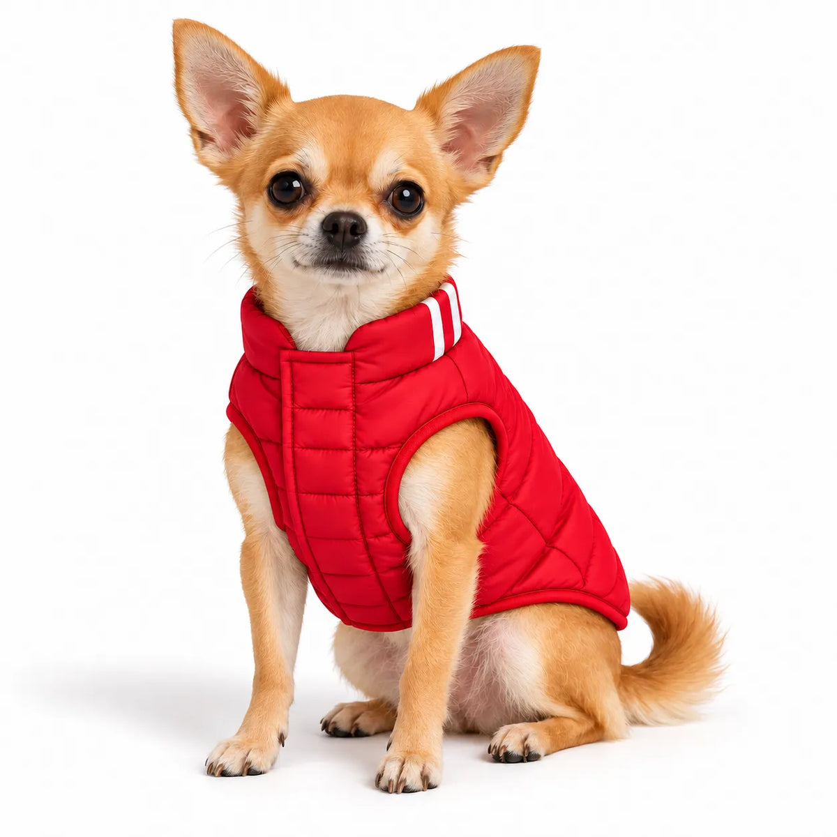Chihuahua dog wearing a red Zigly Lifestyle cozy shield jacket