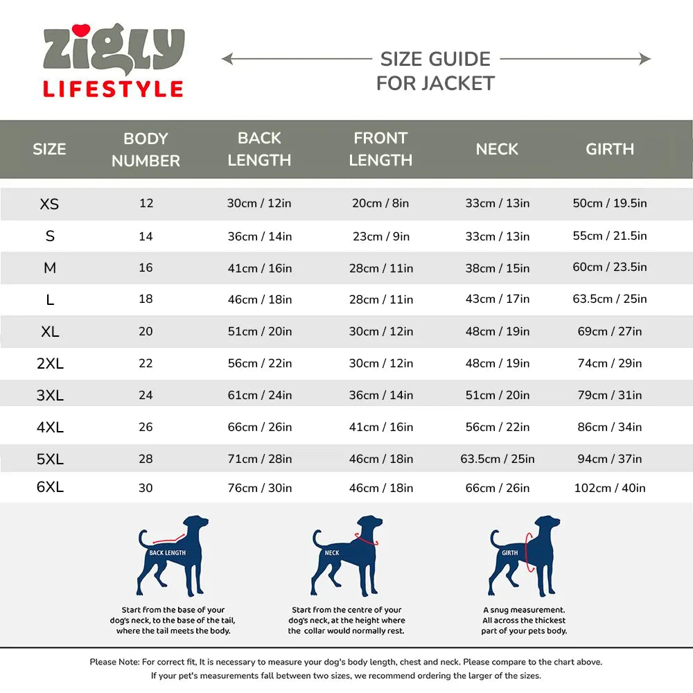 Zigly Lifestyle size guide chart for dog jackets with measurement instructions