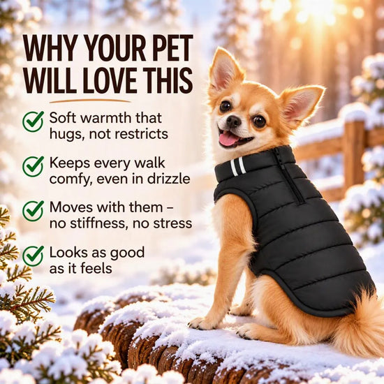 Small dog wearing a black Zigly Lifestyle Trail Buddy jacket in a snowy outdoor setting.