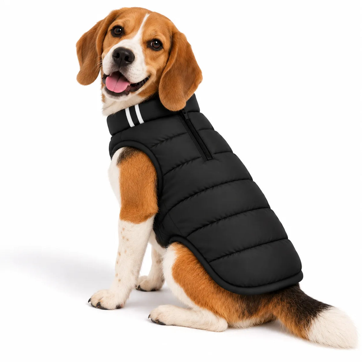 Beagle wearing a black Zigly Lifestyle ZL Trail Buddy dog jacket
