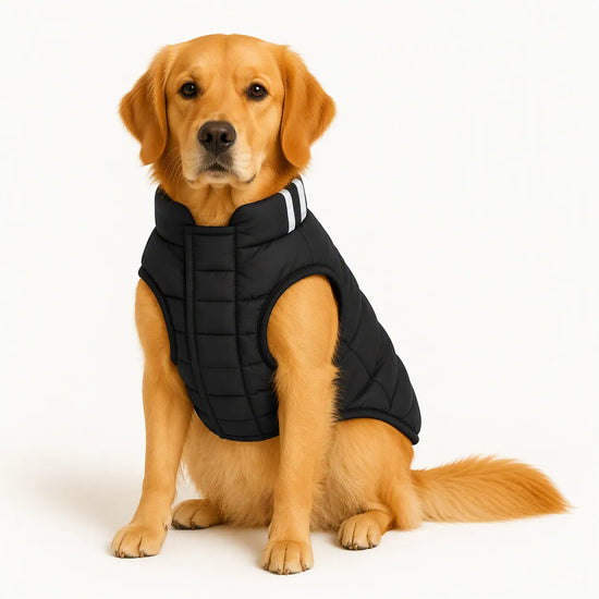 Golden Retriever wearing a black Zigly Lifestyle ZL Trail Buddy Dog Jacket