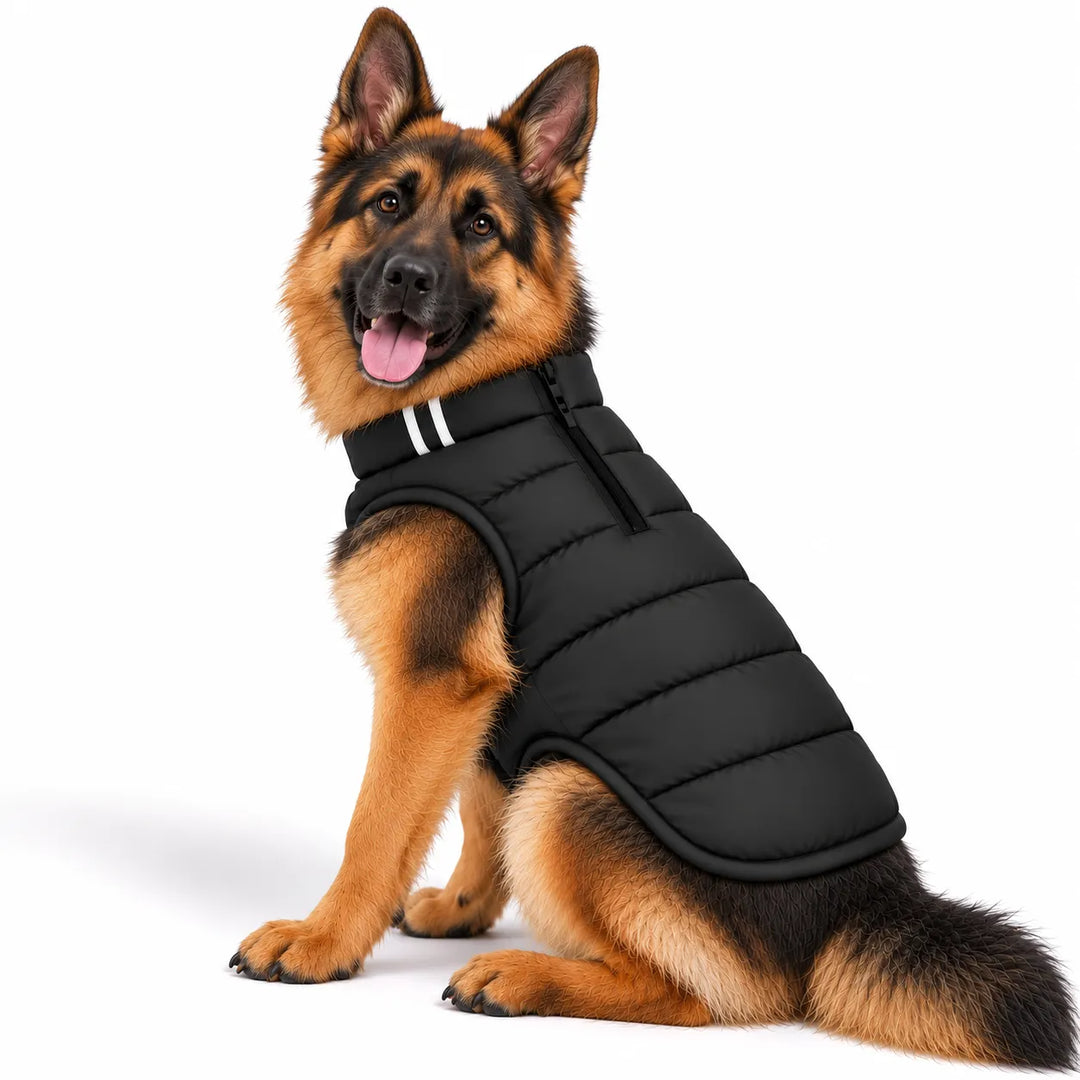 German Shepherd wearing a black Zigly Lifestyle ZL Trail Buddy dog jacket