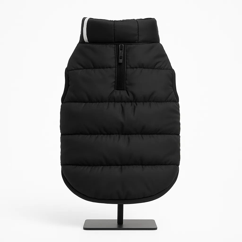 Zigly Lifestyle ZL Trail Buddy black quilted dog jacket on a display stand