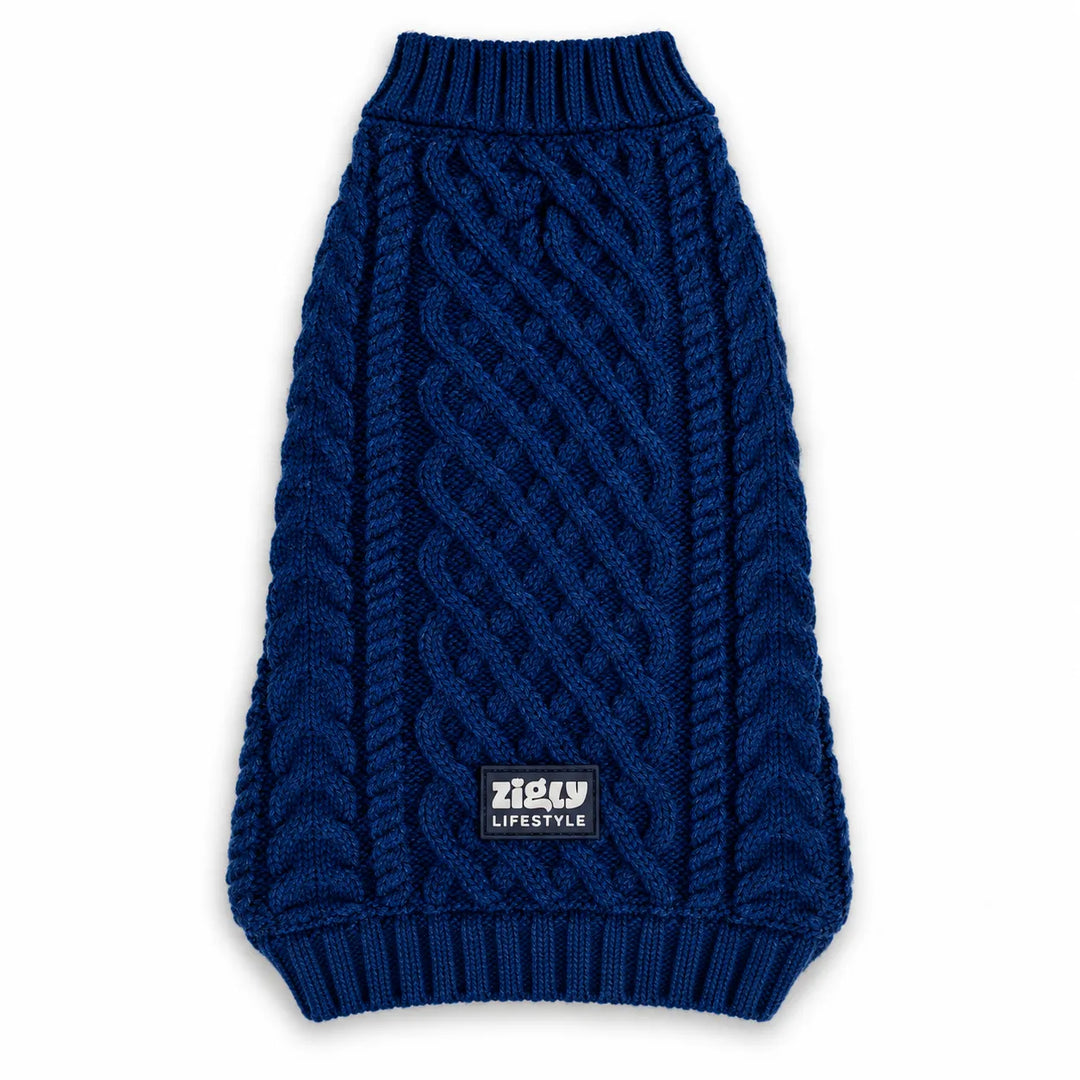 Zigly Lifestyle Winter Tails Classic Cable Knit Dog Sweater - Blue