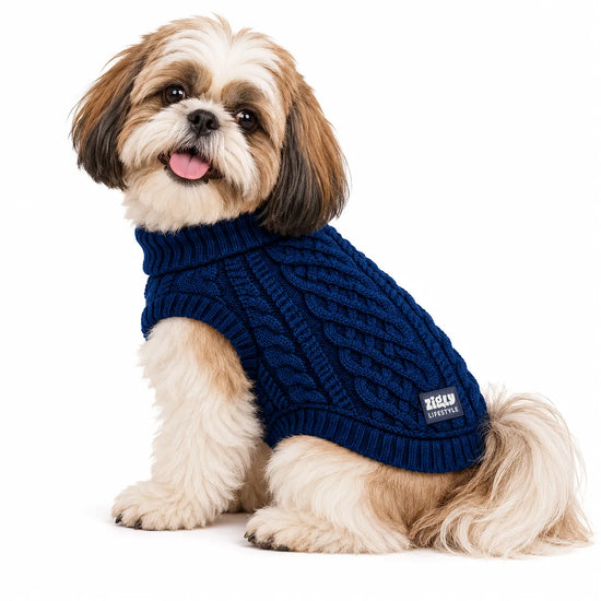 Zigly Lifestyle Winter Tails Classic Cable Knit Dog Sweater - Blue