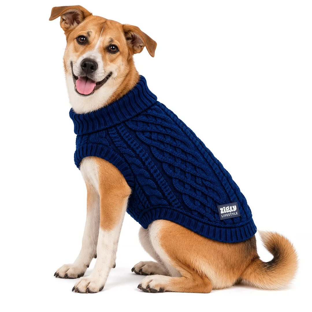 Zigly Lifestyle Winter Tails Classic Cable Knit Dog Sweater - Blue