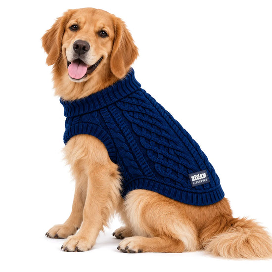 Zigly Lifestyle Winter Tails Classic Cable Knit Dog Sweater - Blue