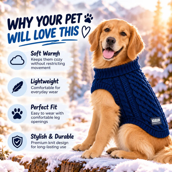 Zigly Lifestyle Winter Tails Classic Cable Knit Dog Sweater - Blue