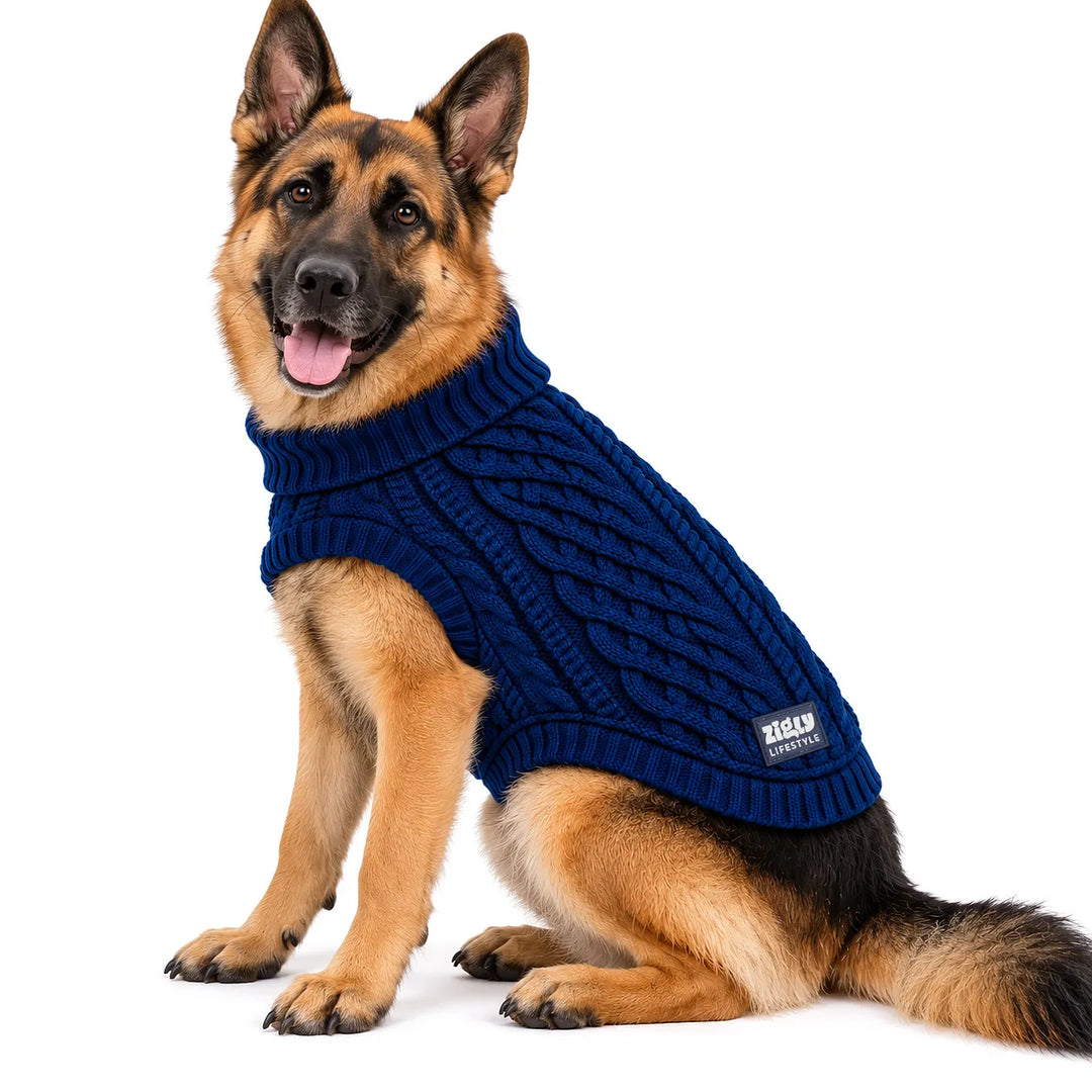 Zigly Lifestyle Winter Tails Classic Cable Knit Dog Sweater - Blue