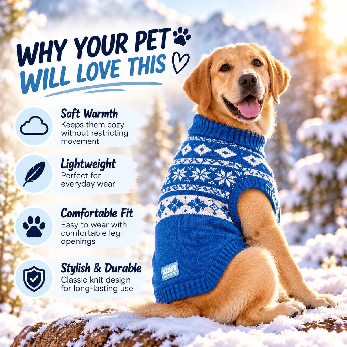 Zigly Lifestyle Winter Tails Christmas Knit Dog Sweater - Frost Blue