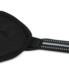 Close-up of black padded mesh strap with reflective strip detail, zigly design