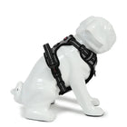White dog mannequin wearing black and gray adjustable Zigly dog harness with reflective stripes