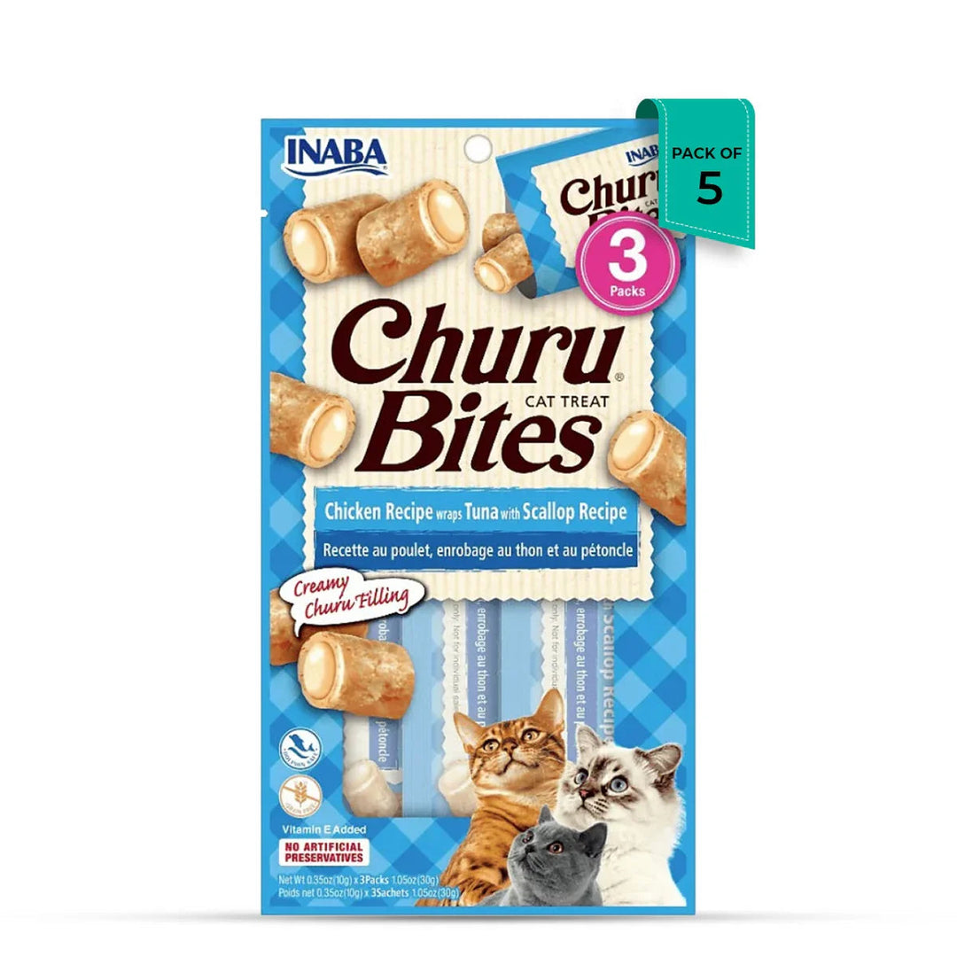 Inaba Churu Bites cat treat pack with chicken, tuna, scallop recipe, creamy filling, exclusive at Zigly