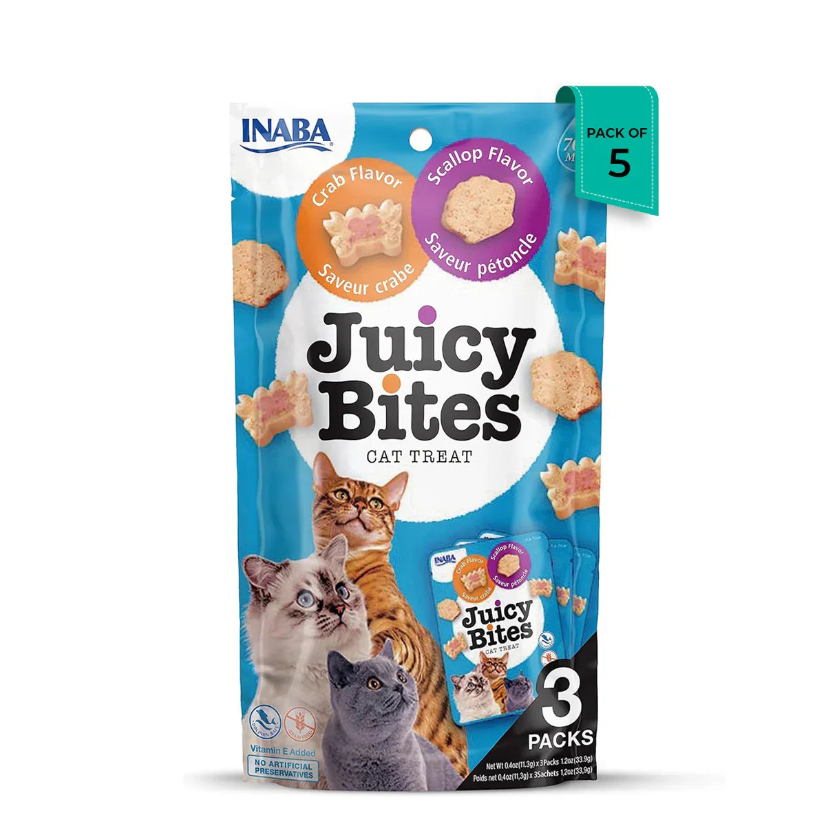 Zigly exclusive Inaba Juicy Bites cat treats with crab and scallop flavors, 3 packs, colorful packaging