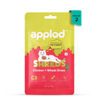 Applod Shreds chicken and wheat grass cat treats in yellow red pack zigly